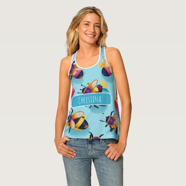 Bee Watercolor Colorful Personalized Pattern Tank Top (Front Full)