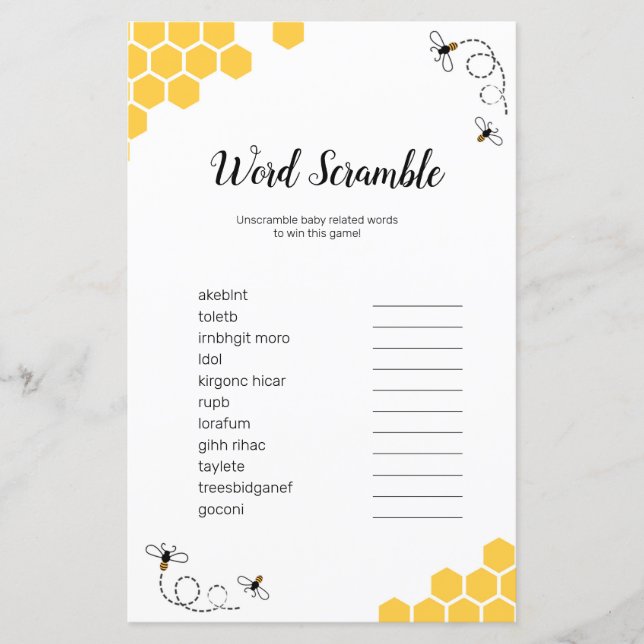 Bee Watercolor Word Scramble Game (Front)