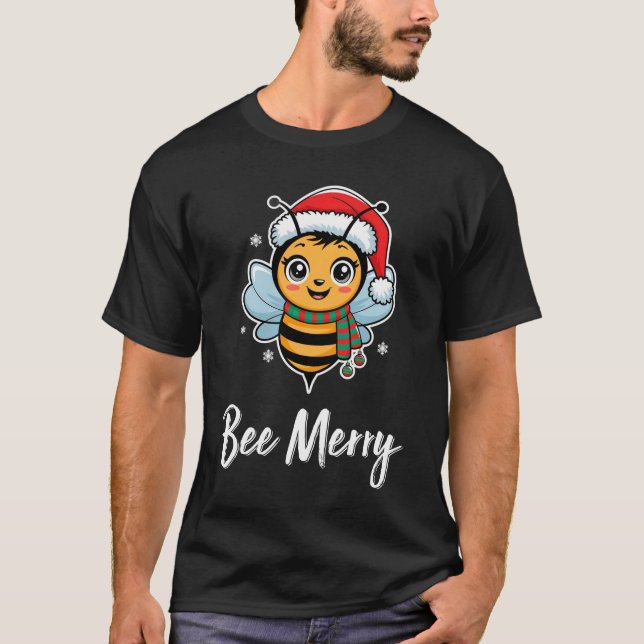Bee Wears Santa Hat Xmas Christmas lights T-Shirt (Front)