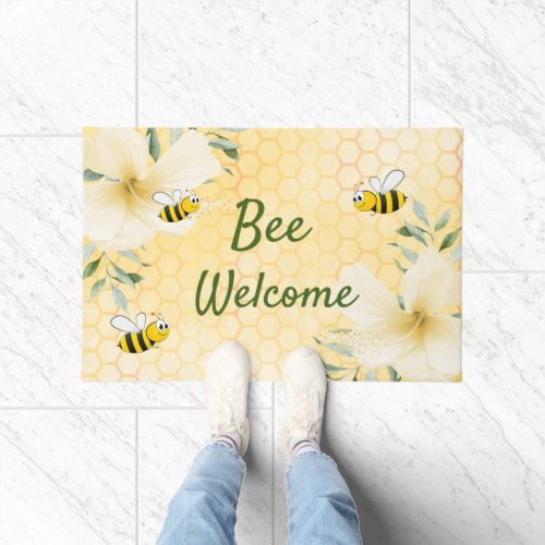 Bee Welcome bees yellow honeycomb flowers Doormat