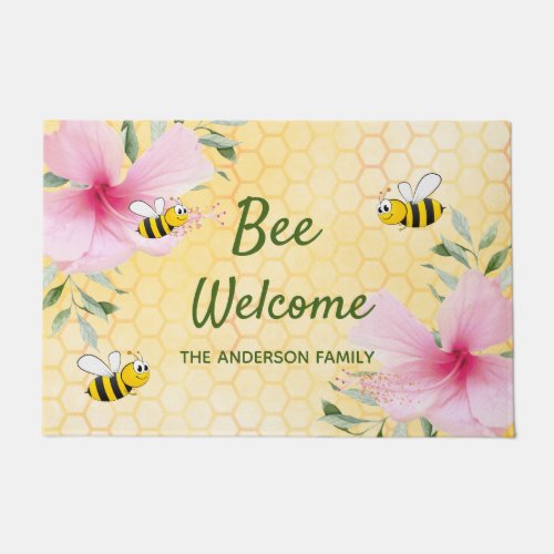 Bee Welcome bumble bees yellow honeycomb name Doormat