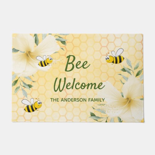 Bee Welcome bumble bees yellow honeycomb name Doormat