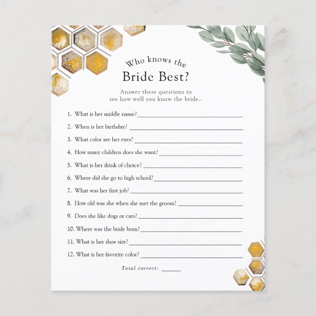 Bee Who Knows the Bride Best Bridal Shower Game (Front)