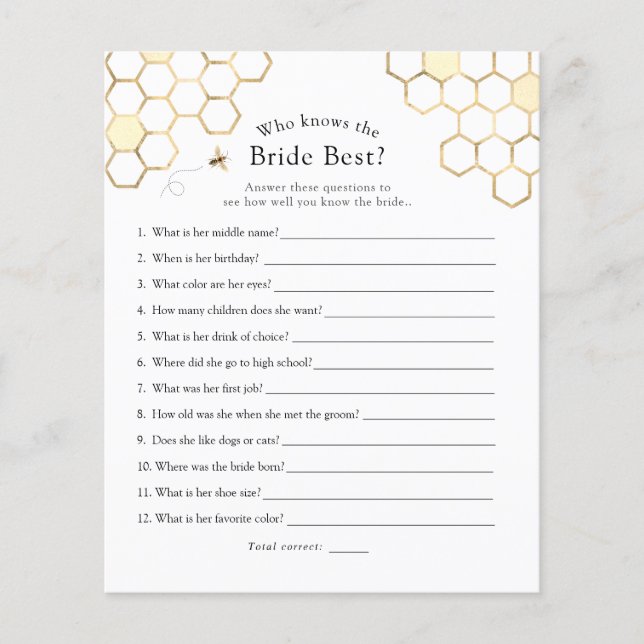 Bee Who Knows the Bride Best Bridal Shower Game (Front)