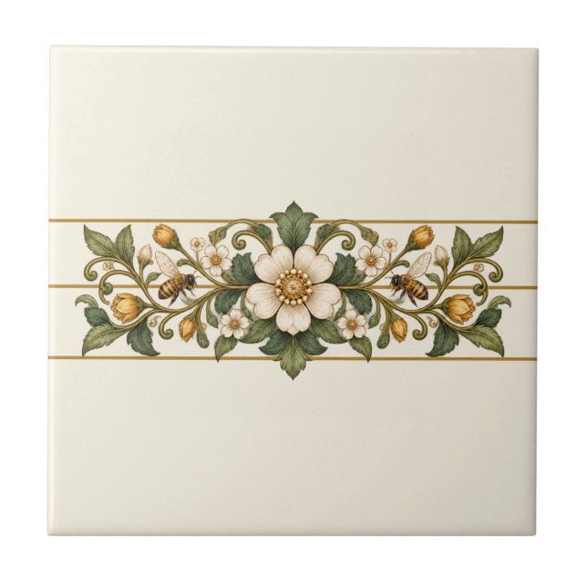 Bee Wildflower Custom Background Frieze Ceramic Tile (Original tile design - warm ivory background.)