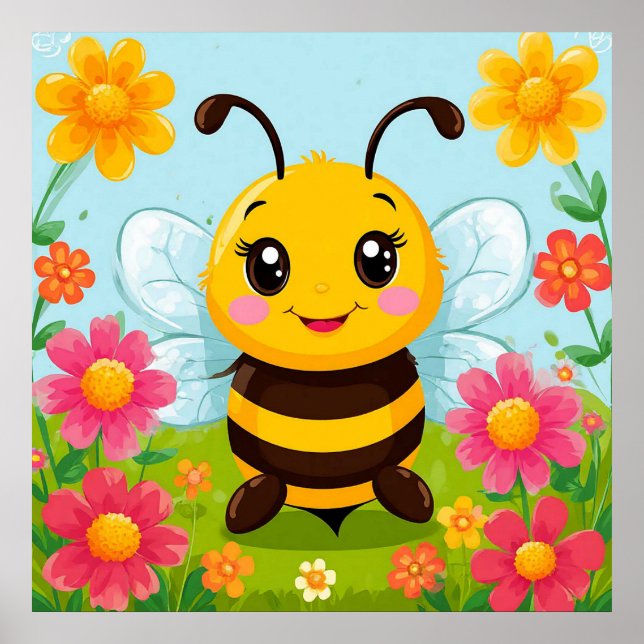 Bee with Flowers Nursery Print | Kids Room Decor (Front)