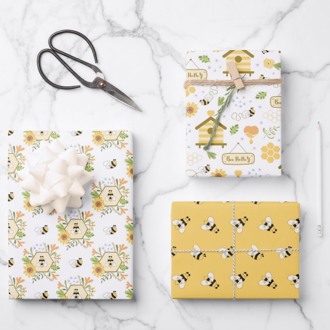 Bee Wrapping Paper, Honeybee Gift Wrap, Floral Bee Paper Sheets (Front)