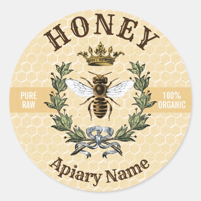 Bee Wreath and Crown Honey Jar Classic Round Sticker (Front)