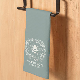 Bee Wreath Family Monogram Name Sage Green Kitchen Towel