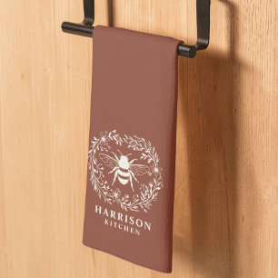 Bee Wreath Family Monogram Name Terracotta Kitchen Towel