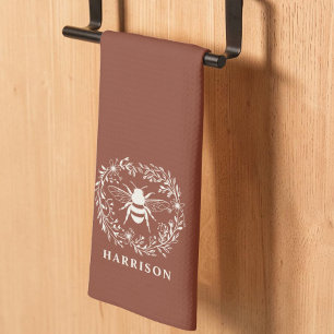 Bee Wreath Family Monogram Name Terracotta Kitchen Towel