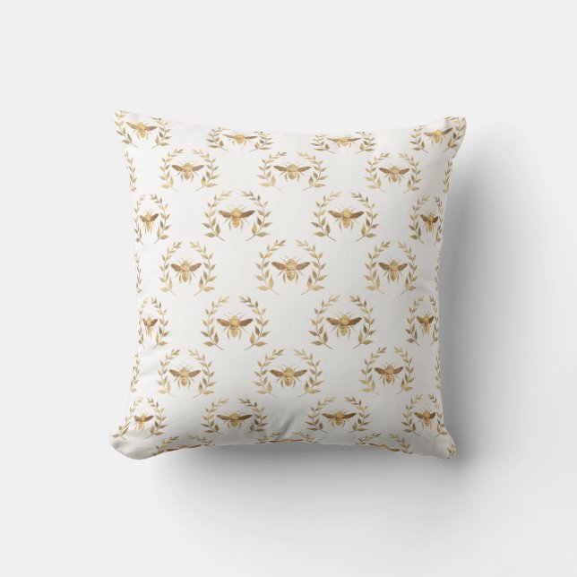 Bee wreath gold white fabric illustration throw pillow (Front)
