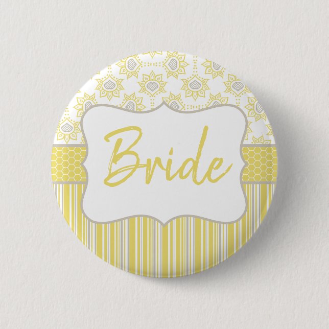 Bee Yellow and Grey Geometric Bride Button (Front)
