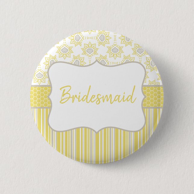 Bee Yellow and Grey Geometric Bridesmaid Button (Front)