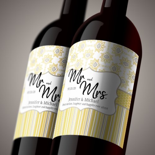 Bee Yellow and Grey Geometric Mr and Mrs Wine Label