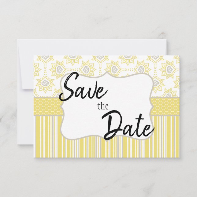 Bee Yellow and Grey Geometric Save The Date (Front)