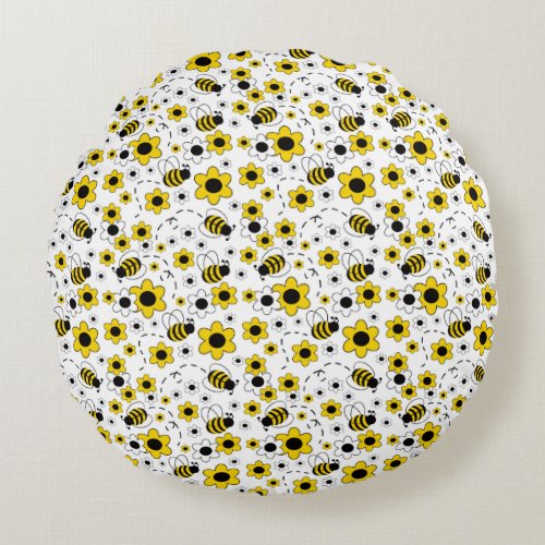 Bee Yellow Floral Girls Round Pillow