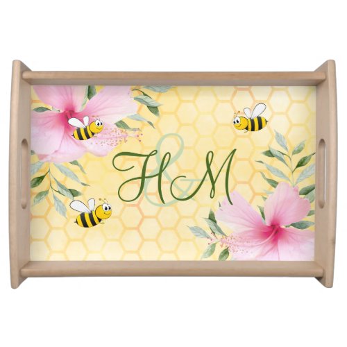 Bee yellow honeycomb pink floral monogram serving tray