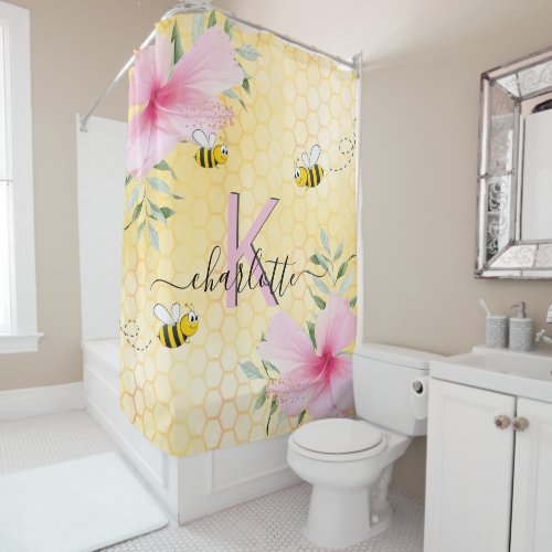 Bee yellow honeycomb pink florals monogram shower curtain