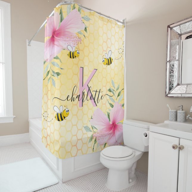 Bee yellow honeycomb pink florals monogram shower curtain (In Situ)
