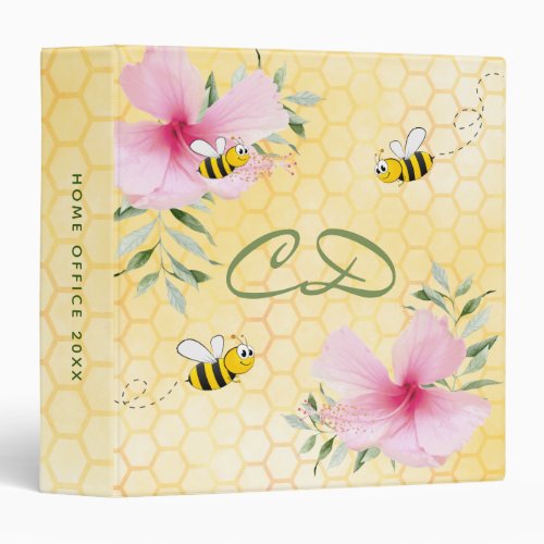 Bee yellow honeycomb pink flowers monogram 3 ring binder