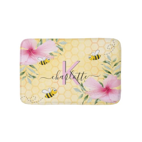 Bee yellow honeycomb pink monogram bath mat