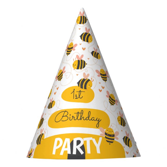 Bee Yellow & Pink Baby's 1st Birthday Party Hat (Front)