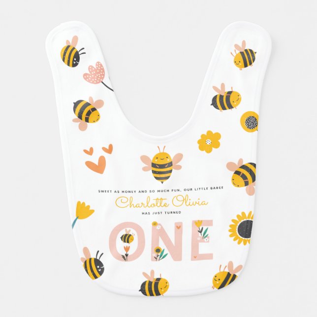 Bee Yellow & Pink Floral ONE Baby's 1st Birthday Baby Bib (Front)