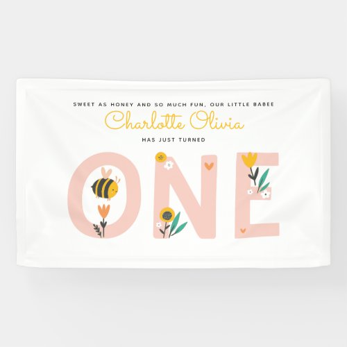 Bee Yellow  Pink Floral ONE Babys 1st Birthday Banner