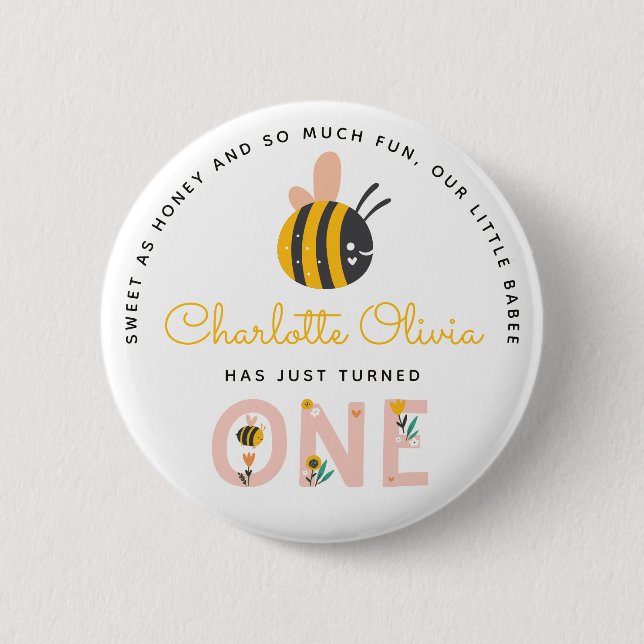 Bee Yellow & Pink Floral ONE Baby's 1st Birthday Button (Front)