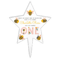 Bee Yellow & Pink Floral ONE Baby's 1st Birthday Cake Topper