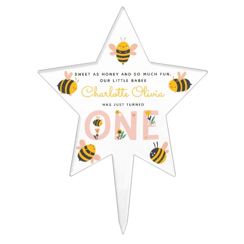 Bee Yellow  Pink Floral ONE Babys 1st Birthday Cake Topper