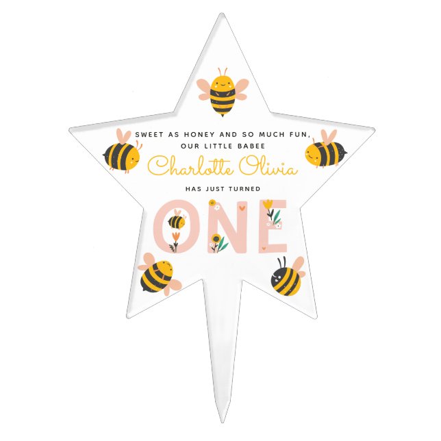 Bee Yellow & Pink Floral ONE Baby's 1st Birthday Cake Topper (Front)