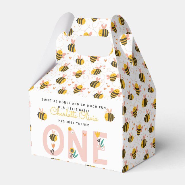 Bee Yellow & Pink Floral ONE Baby's 1st Birthday Favor Boxes (Front Side)
