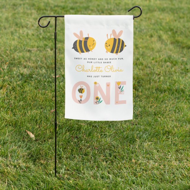 Bee Yellow & Pink Floral ONE Baby's 1st Birthday Garden Flag (In SItu)