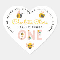 Bee Yellow & Pink Floral ONE Baby's 1st Birthday Heart Sticker