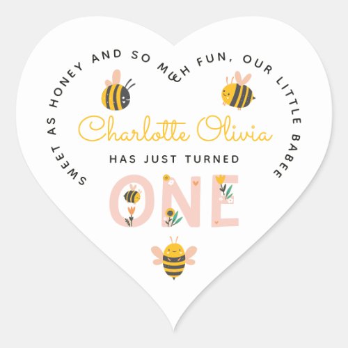 Bee Yellow  Pink Floral ONE Babys 1st Birthday Heart Sticker