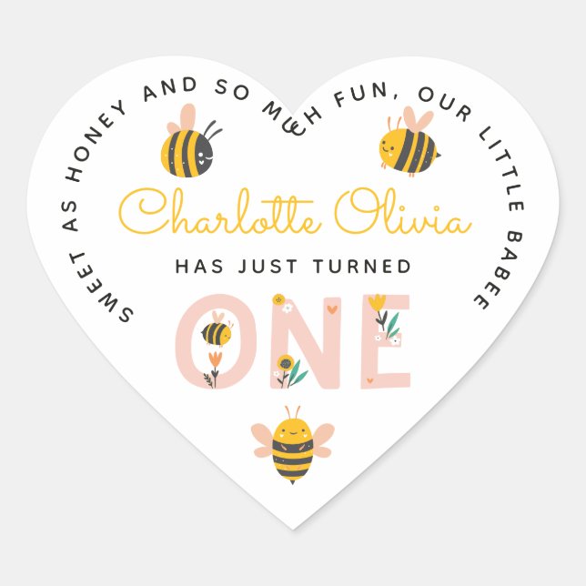Bee Yellow & Pink Floral ONE Baby's 1st Birthday Heart Sticker (Front)