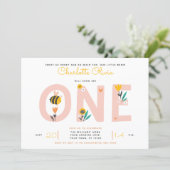 Bee Yellow & Pink Floral ONE Baby's 1st Birthday Invitation (Standing Front)