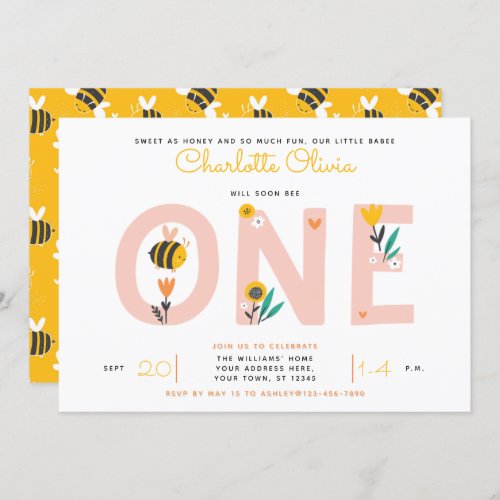 Bee Yellow  Pink Floral ONE Babys 1st Birthday Invitation