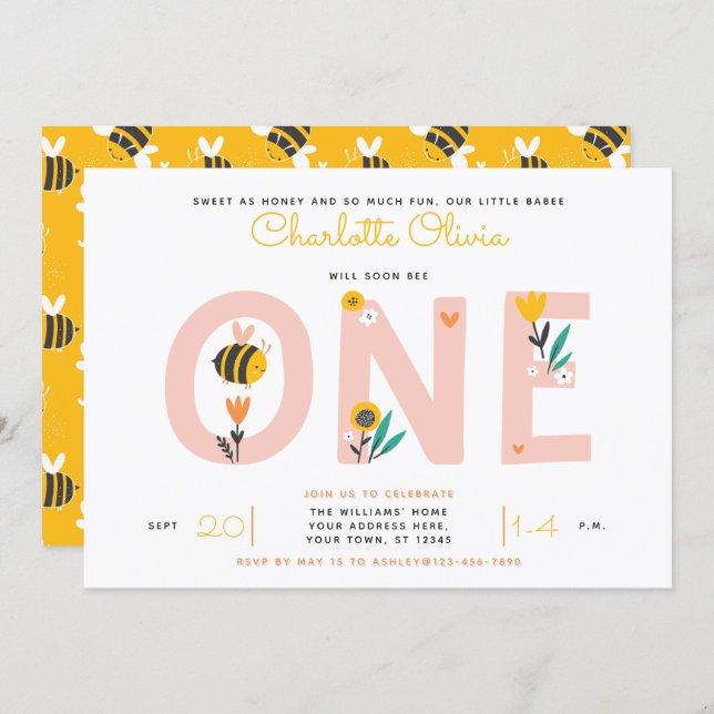 Bee Yellow & Pink Floral ONE Baby's 1st Birthday Invitation (Front/Back)