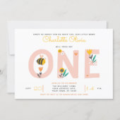 Bee Yellow & Pink Floral ONE Baby's 1st Birthday Invitation (Front)