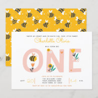 Bee Yellow & Pink Floral ONE Baby's 1st Birthday Invitation