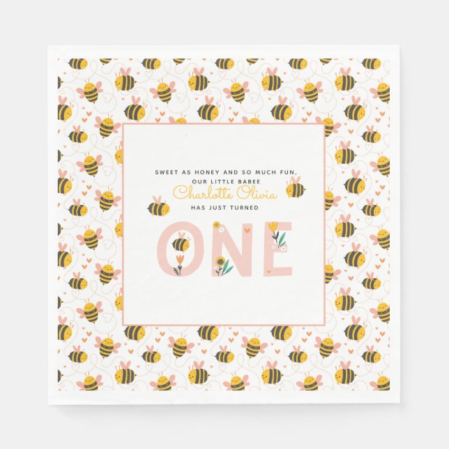 Bee Yellow & Pink Floral ONE Baby's 1st Birthday Napkins (Front)
