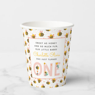 Bee Yellow & Pink Floral ONE Baby's 1st Birthday Paper Cups