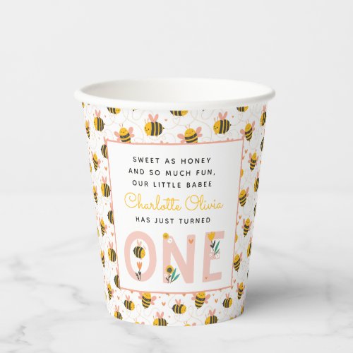 Bee Yellow  Pink Floral ONE Babys 1st Birthday Paper Cups