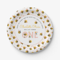 Bee Yellow & Pink Floral ONE Baby's 1st Birthday Paper Plates
