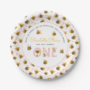 Bee Yellow & Pink Floral ONE Baby's 1st Birthday Paper Plates