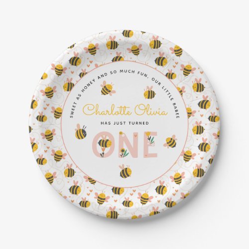 Bee Yellow  Pink Floral ONE Babys 1st Birthday Paper Plates