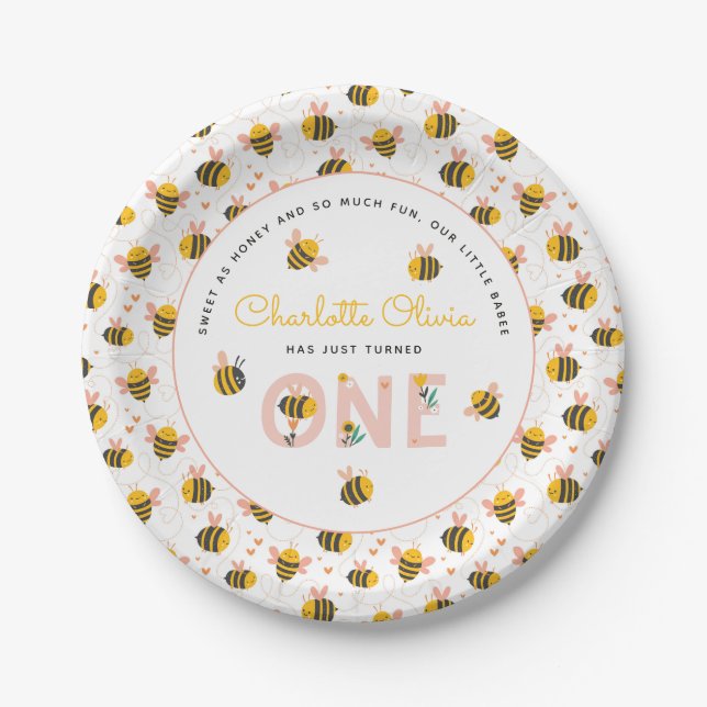 Bee Yellow & Pink Floral ONE Baby's 1st Birthday Paper Plates (Front)